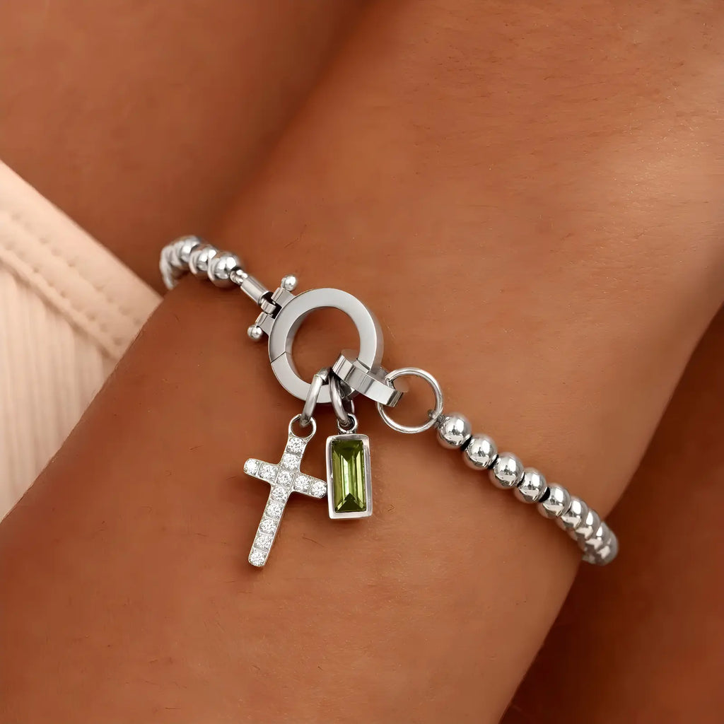 Personalized Cross Birthstone Bracelet